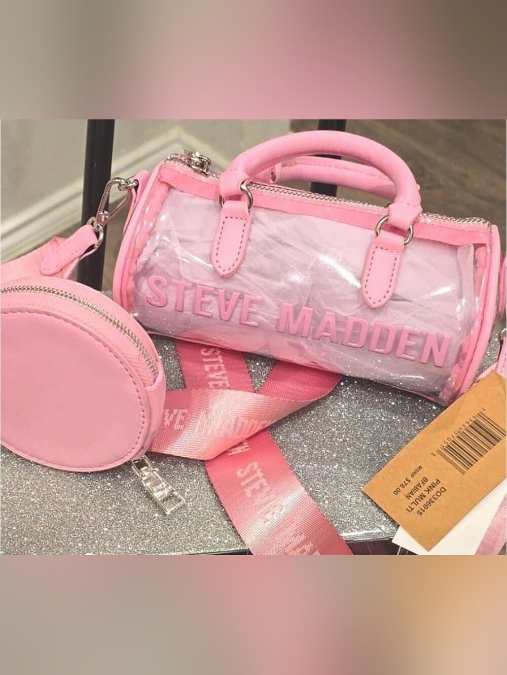 Steve Madden Pink Clear Barrel Bag with Pink Trim and Logo Strap